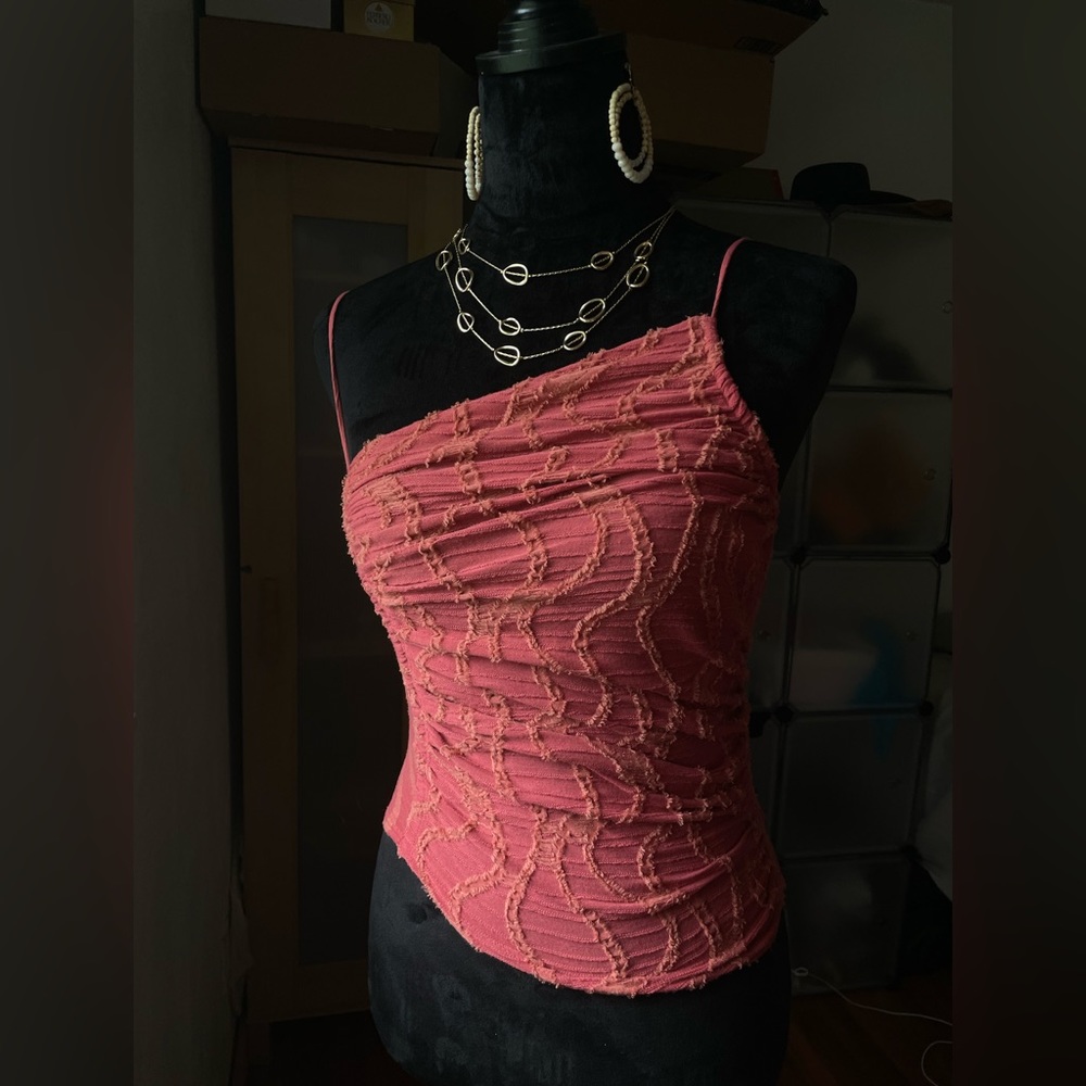 Eyelash embroidered asymmetrical tank
